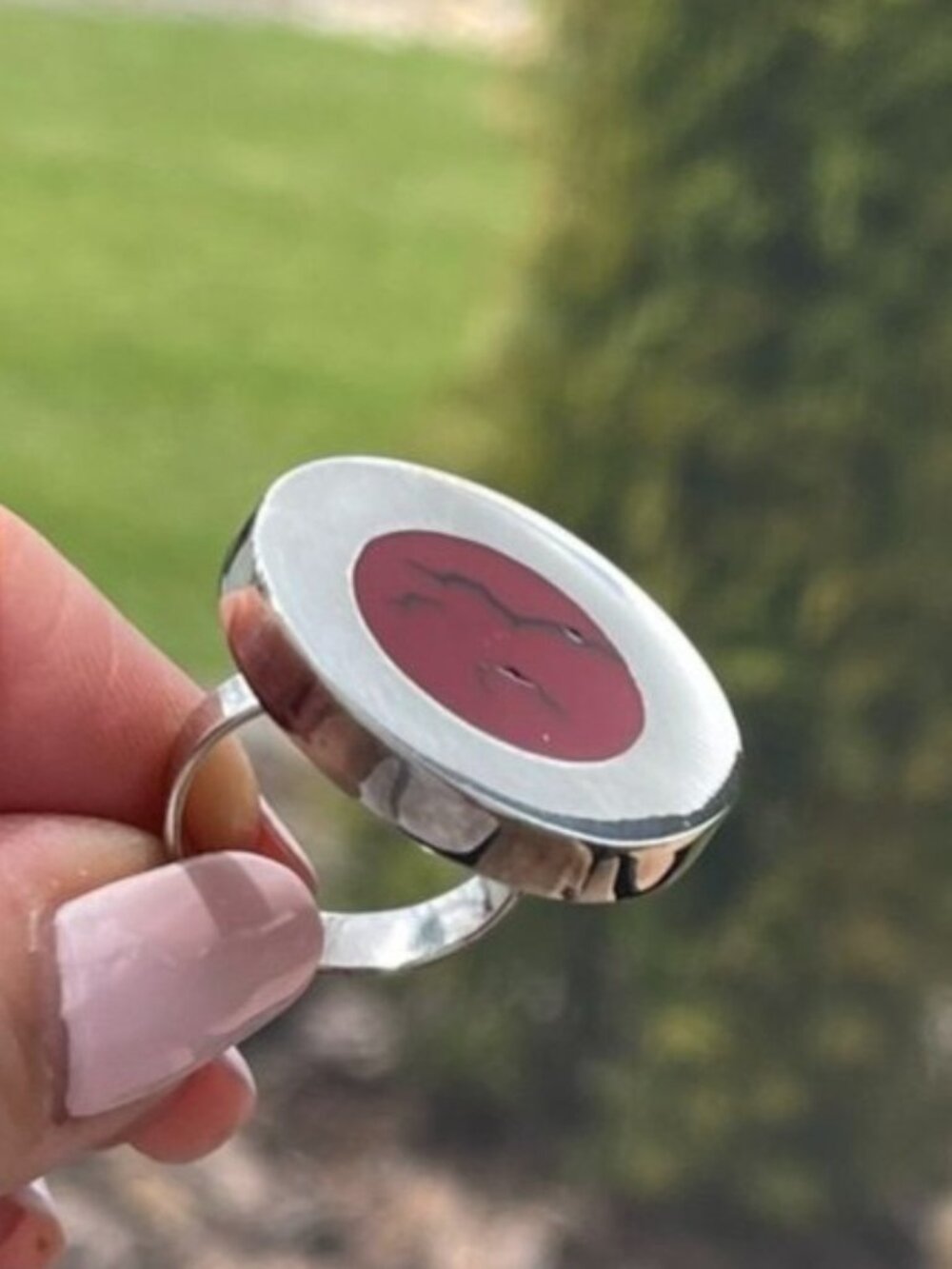 Mexican Silver-Plated Red Stone Statement Ring Adjustable Size 7.5 - Picture 3 of 7
